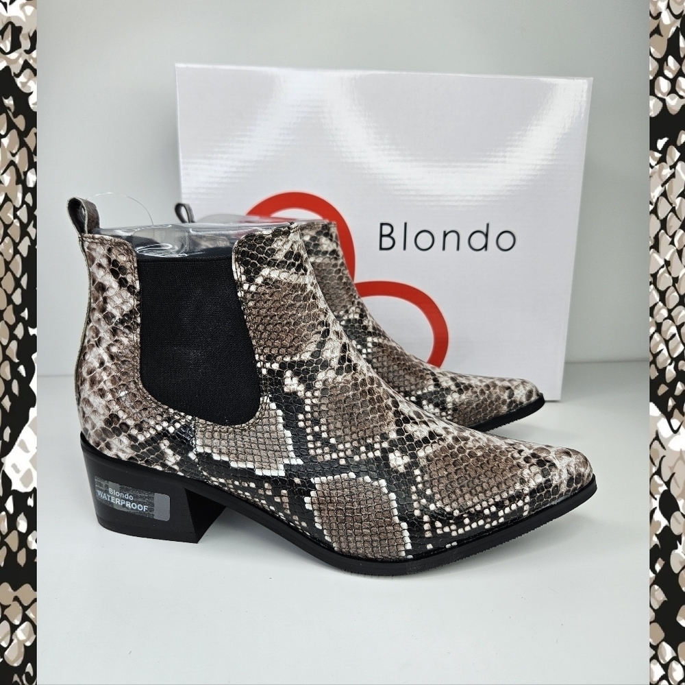 Blondo Emelia Brown Snake Print Leather Western Style Waterproof Ankle Boot Sz 8